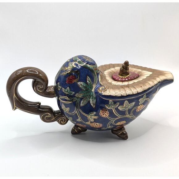 Vintage Painted Footed Ceramic Decorative Asian Teapot Oriental Accent Inc Blue - Picture 4 of 9